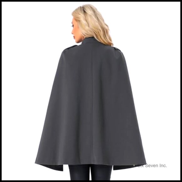 Cape Coat with Slit Sleeves Double Breasted Wool Blend Winter Cloak - Picture 2 of 5